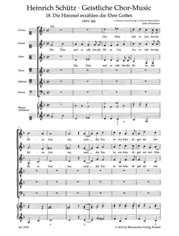 Cenový Hit Heinrich Schütz Die Himmel Erzahlen Die Ehre Gottes SWV 386 - SATB (noty na sborový zpěv, bass continuo)