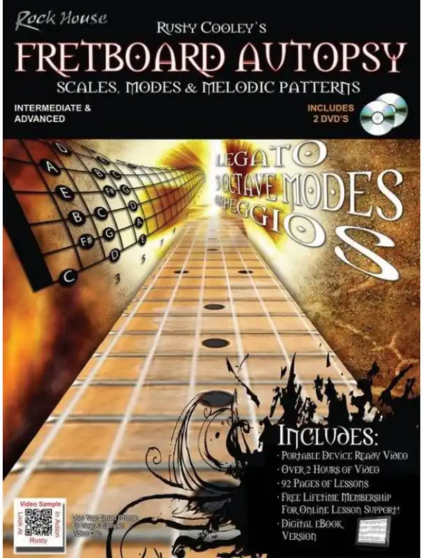 Rychlé Dodání Rusty Cooley‘s Fretboard Autopsy Scales, Modes & Melodic Patterns (tabulatury na kytaru)(+video)