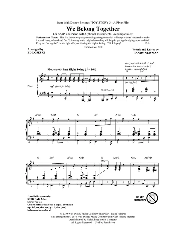 We Belong Together (from Toy Story 3) (arr. Ed Lojeski) Rychlé Dodání