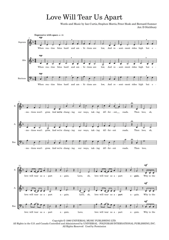 Autentický Love Will Tear Us Apart (arr. Dom Stichbury)